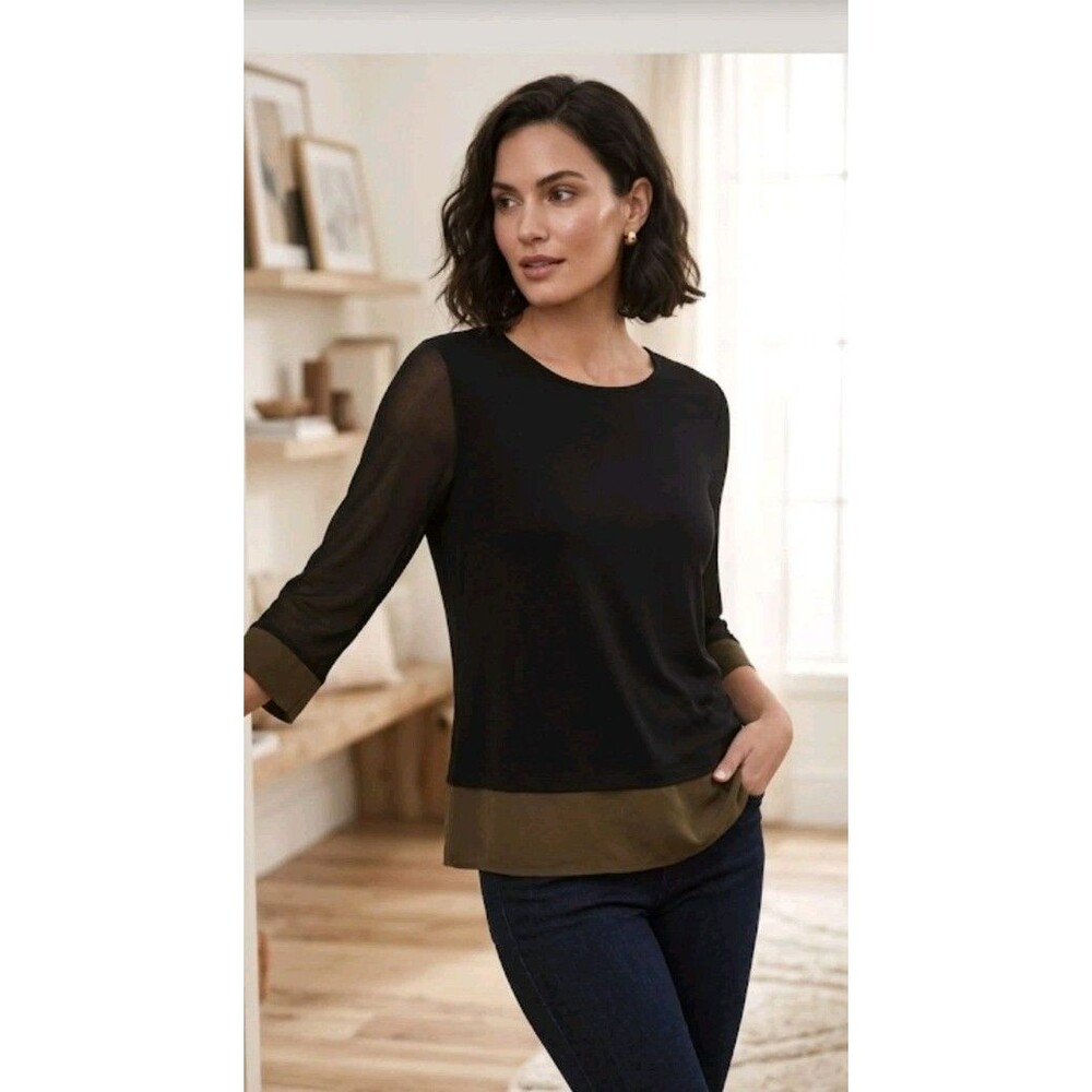J Jill Wearever Collection Blouse Size S Petite Long Sleeve Black Brown Trim...